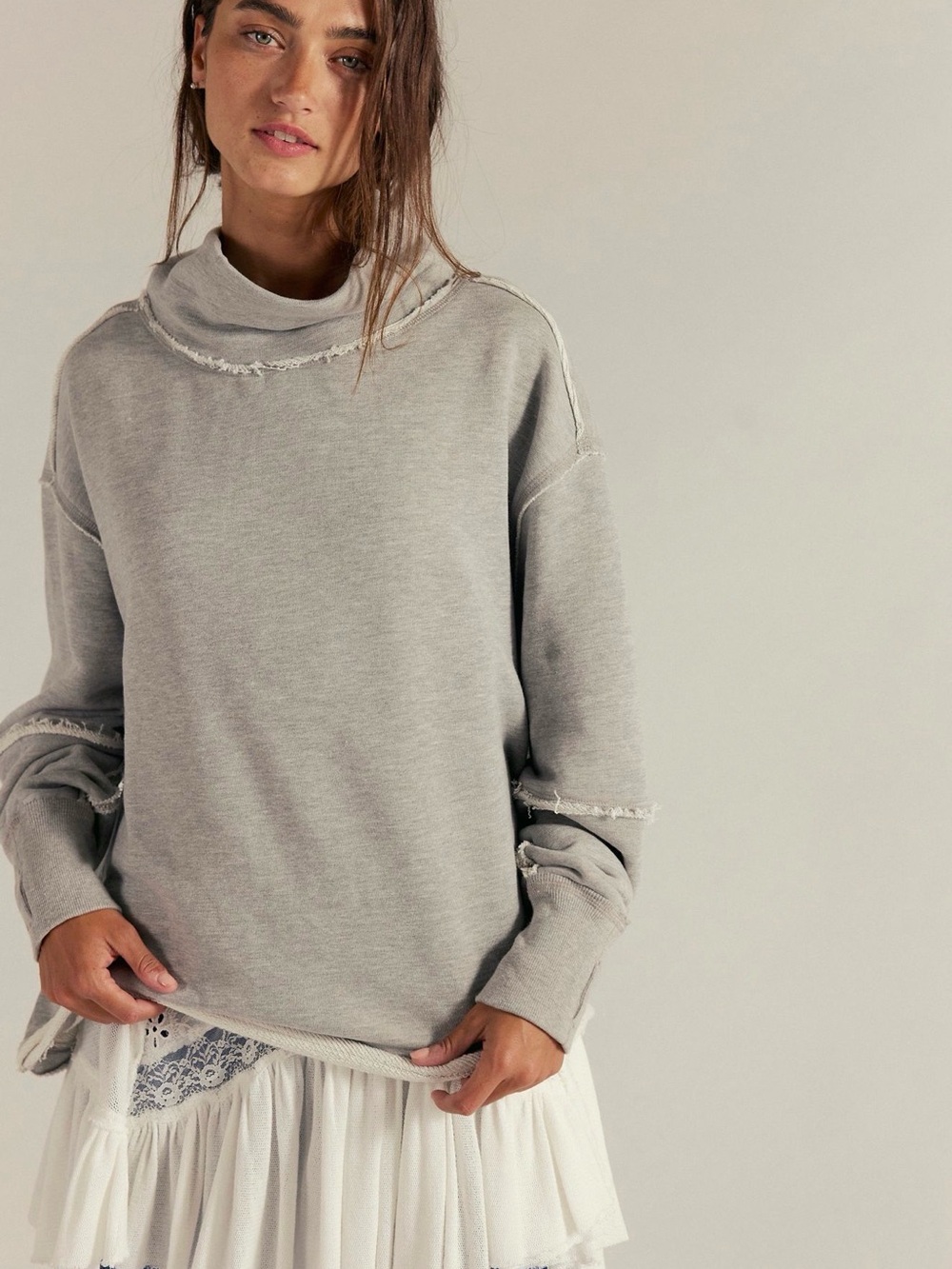 Free People Anna Light Gray Frayed Mock Neck Sweater